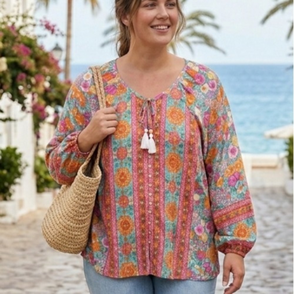 Walker & Wade Women Sonia Top Julep Floral Tassel Tunic Blouse Small Summer Boho